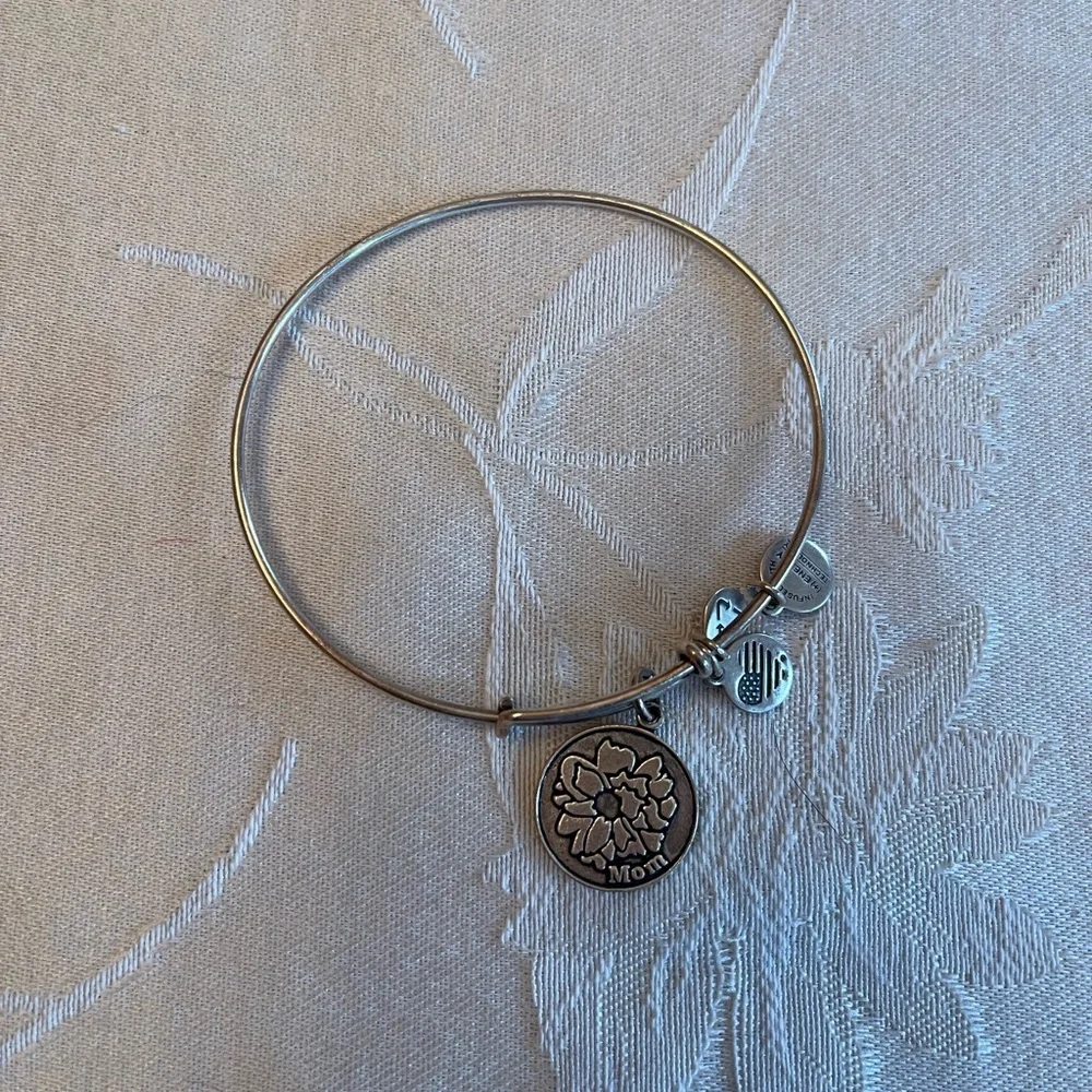 Silver Alex & Ani Mom Floral  Charm Bangle Bracelet